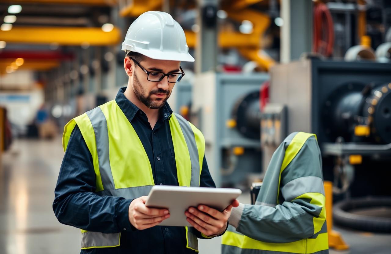 Profissional industrial usando tablet no chão de fábrica brasileira